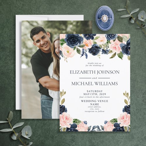 Elegant Blue Blush Watercolor Floral Photo Wedding Invitation