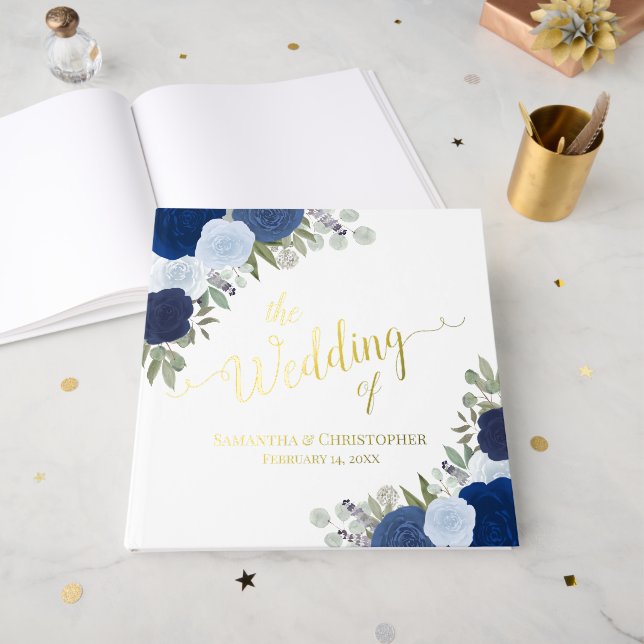 Elegant Blue Boho Chic Roses Foil Wedding Foil Guest Book (Front Open)