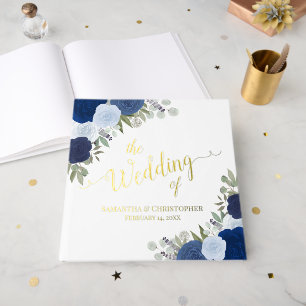 Elegant Blue Boho Chic Roses Foil Wedding Guest Book