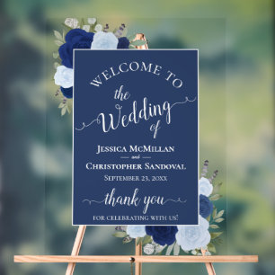 Elegant Blue Boho Chic Roses Wedding Welcome Acrylic Sign