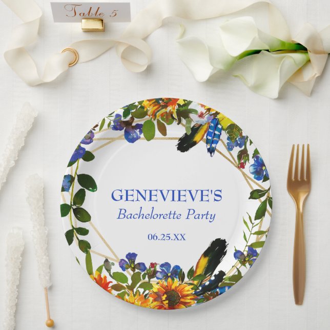 Elegant Blue Boho Floral Bachelorette Party Paper Plates (Wedding)