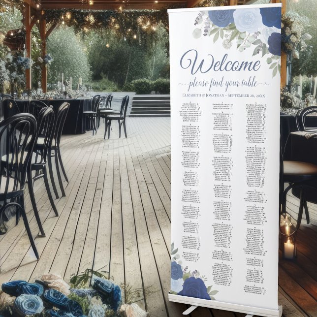Elegant Blue Boho Roses Alphabetical Seating Chart Retractable Banner (Creator Uploaded)