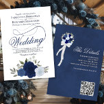 Elegant Blue Boho Roses Floral QR Code Wedding Invitation<br><div class="desc">This beautiful wedding invitation features a lovely hand painted watercolor bouquet of roses, flowers, eucalyptus leaves, and greenery in shades of dusty blue, navy, and indigo. The design features a fancy calligraphy script with a long curly tail making it both modern and classic. Elegant, sophisticated and chic way to invite...</div>