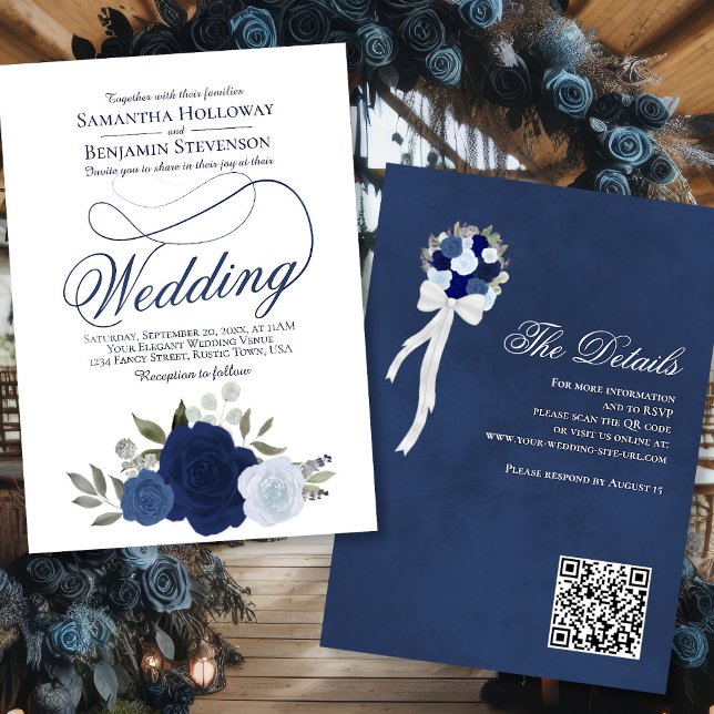 Elegant Blue Boho Roses Floral QR Code Wedding Invitation (Front/Back)
