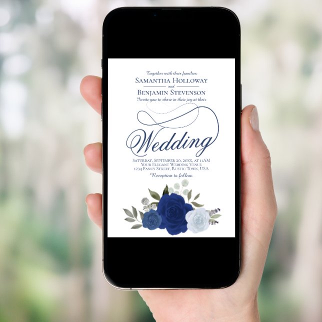 Elegant Blue Boho Roses Floral QR Code Wedding Invitation (Front Digital)