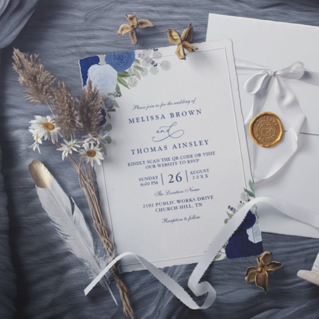 Elegant Blue Boho Roses Modern QR Code Wedding Invitation (Creator Uploaded)