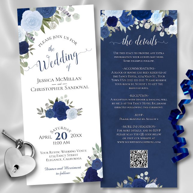 Elegant Blue Boho Roses QR Code Details Wedding Invitation (Front/Back)