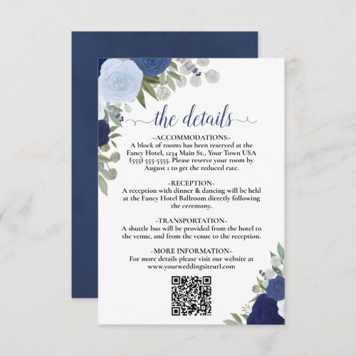 Elegant Blue Boho Roses Wedding Details QR Code Enclosure Card