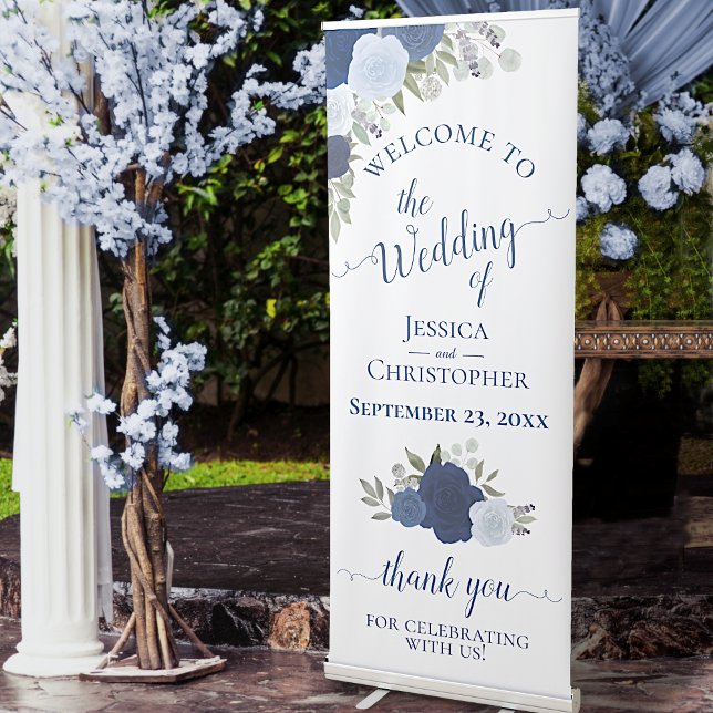 Elegant Blue Boho Roses Wedding Welcome Retractable Banner (Creator Uploaded)