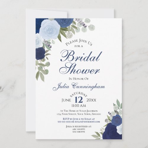 Elegant Blue Boho Watercolor Floral Bridal Shower Invitation