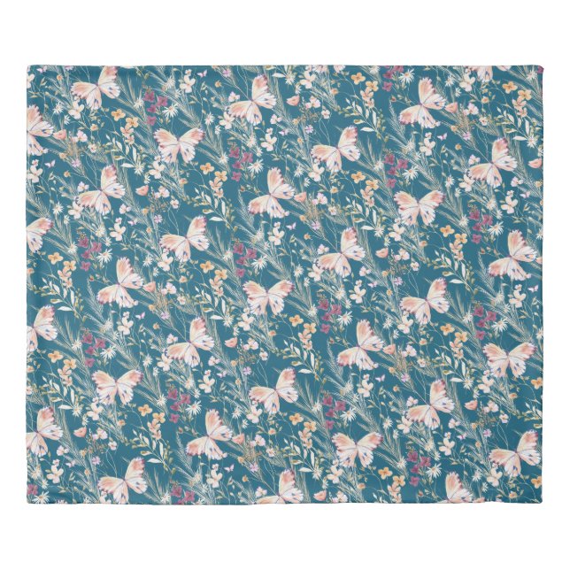 Elegant Blue Boho Wildflower Butterfly Duvet Cover (Front)