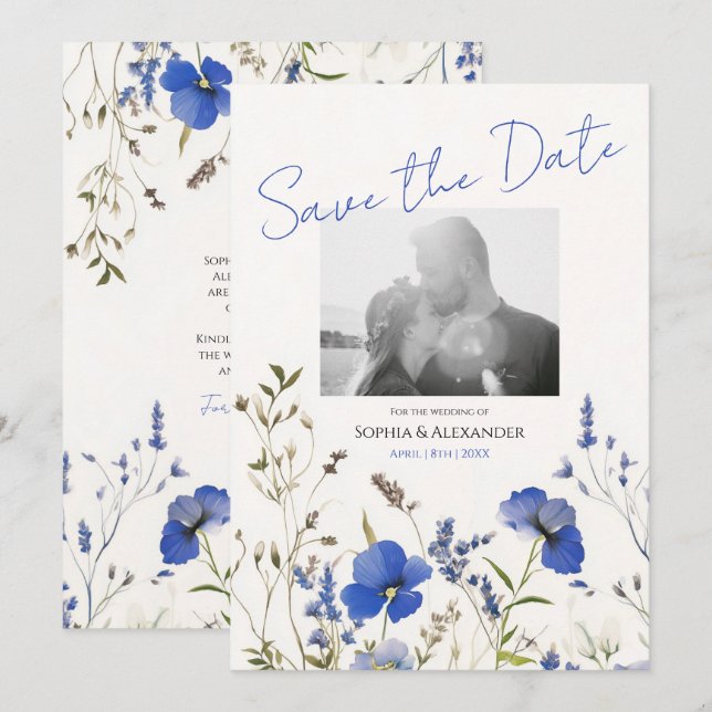 Elegant Blue Boho Wildflowers Photo Save the Date Invitation (Front/Back)