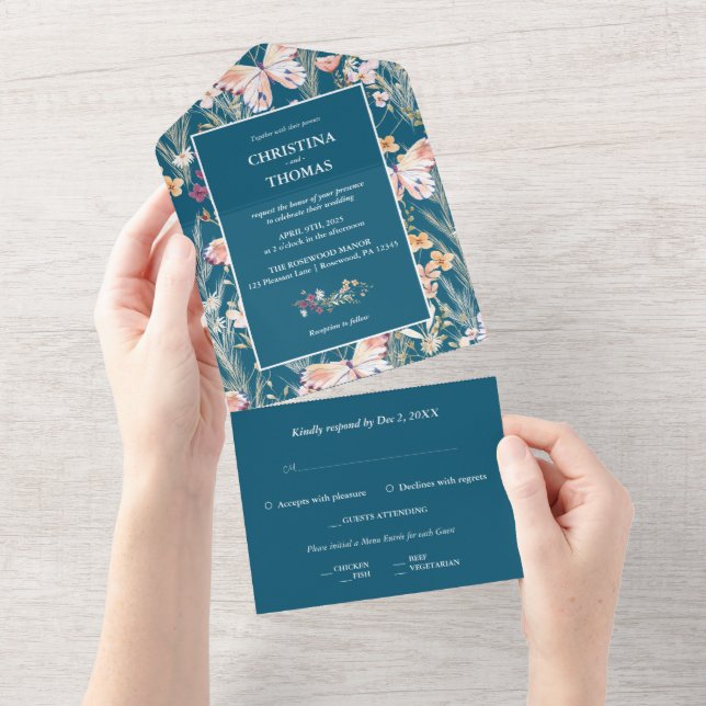 Elegant Blue Boho Wildflowers Wedding Invitation (Tearaway)