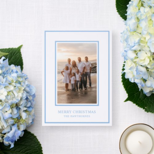 Elegant Blue Border Christmas Holiday Letterpress Photo Cards
