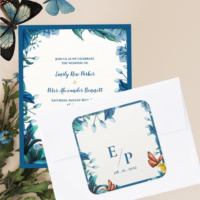 Elegant Blue Botanical Butterfly Monogram Wedding Square Sticker (Elegant Blue Botanical Butterfly Monogram Wedding Square Sticker)