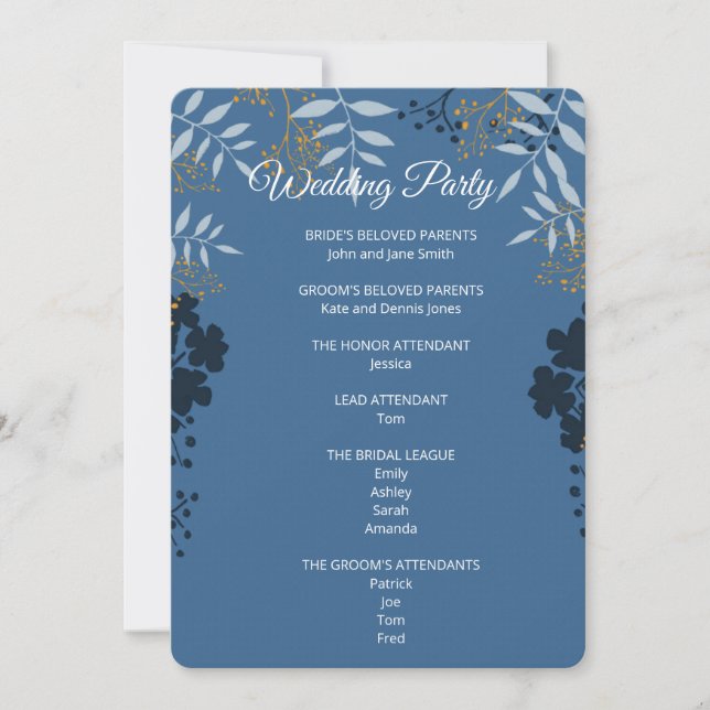 Elegant Blue Botanical Ceremony Program Card (Front)