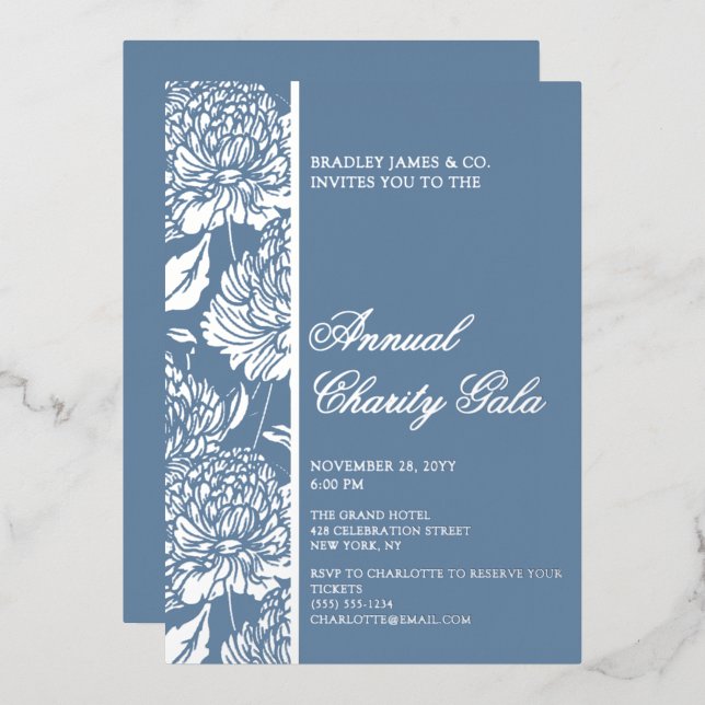 Elegant Blue Botanical Charity Event Gala Party Foil Invitation (Front/Back)