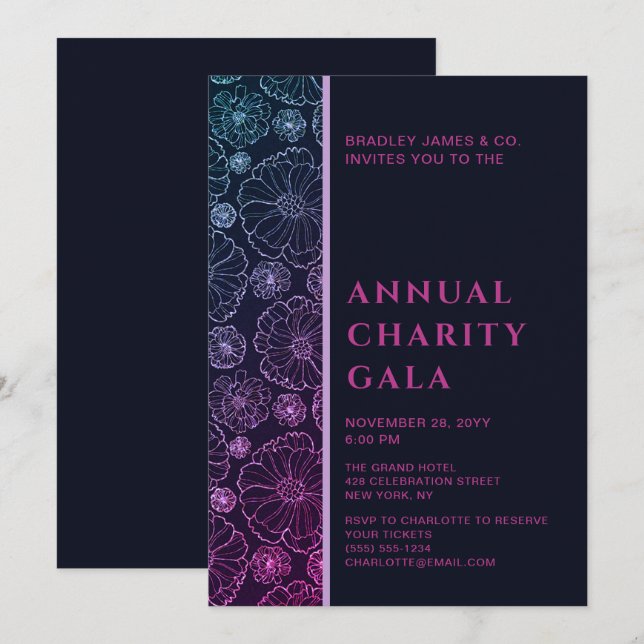 Elegant Blue Botanical Charity Event Gala Party In Invitation (Front/Back)