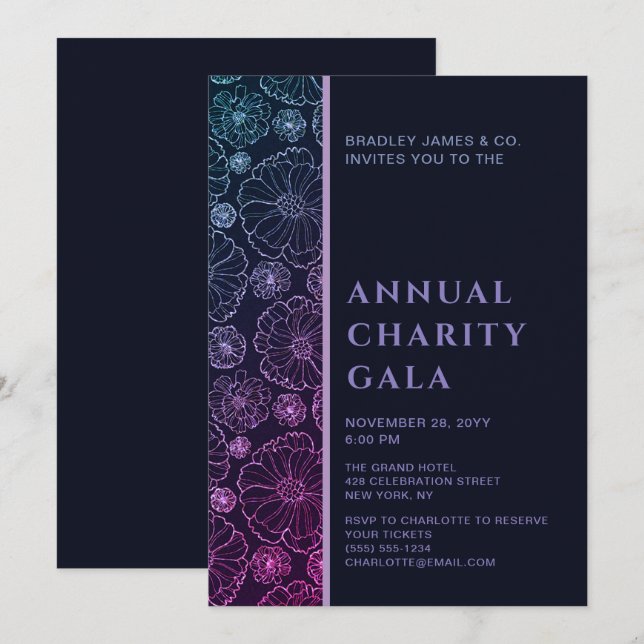 Elegant Blue Botanical Charity Event Gala Party Invitation (Front/Back)