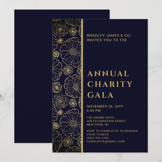 Elegant Blue Botanical Charity Event Gala Party Invitation (Front/Back)