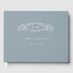 Elegant Blue botanical crest monogram wedding Guest Book