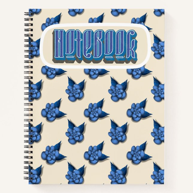 Elegant Blue Botanical Floral Pattern Notebook Vin (Front)