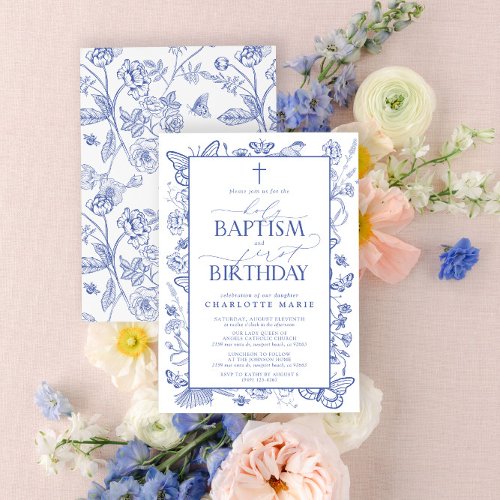 Elegant Blue Botanical Holy Baptism  1st Birthday Invitation