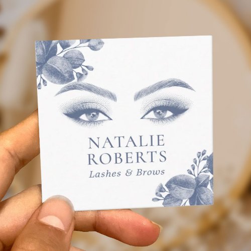 Elegant Blue Botanical Lashes  Brows Beauty Salon Square Business Card