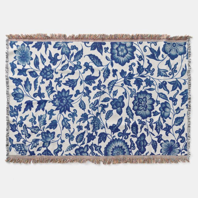 Elegant Blue Botanical Pattern – Woven Throw Blank Throw Blanket (Front)