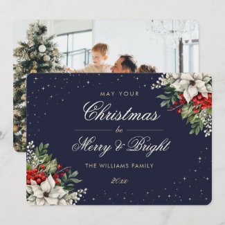 Elegant Blue Botanical Photo Christmas