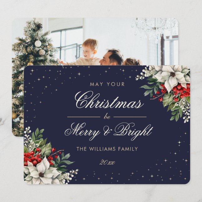 Elegant Blue Botanical Photo Christmas Holiday Card (Front/Back)