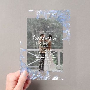 Elegant Blue Botanical Photo Wedding  Acrylic Invitations