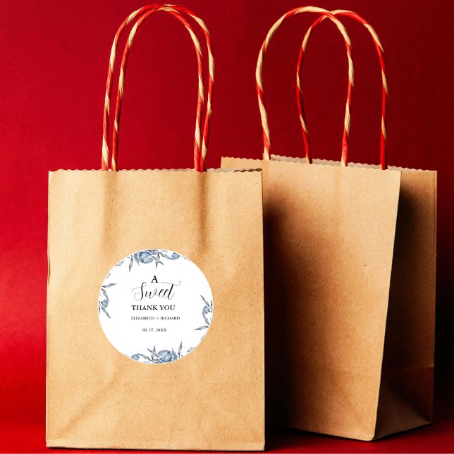 Elegant Blue Botanical Sweet Thank You Party  Classic Round Sticker (Creator Uploaded)