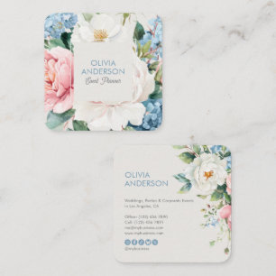 Elegant Blue Botanical Watercolor Floral Square Business Card