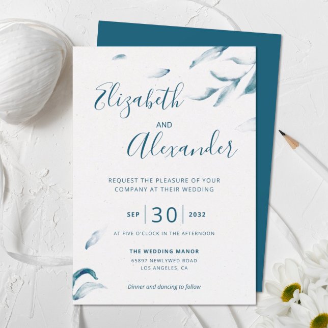 Elegant blue botanical watercolor simple wedding invitation (Creator Uploaded)