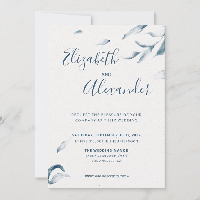 Elegant blue botanical watercolor simple wedding invitation (Front)