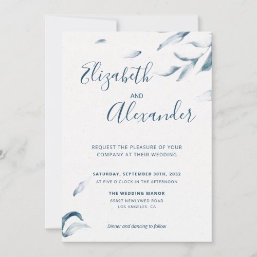 Elegant blue botanical watercolor simple wedding invitation