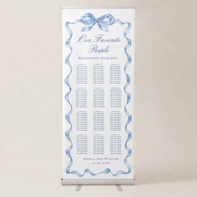 Elegant Blue Bow 12 Table Wedding Seating Chart Retractable Banner (Front)