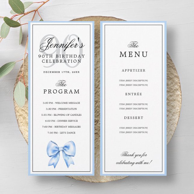 Elegant Blue Bow 90th Birthday Program + Menu  (Elegant Blue Bow 90th Birthday Program + Menu )