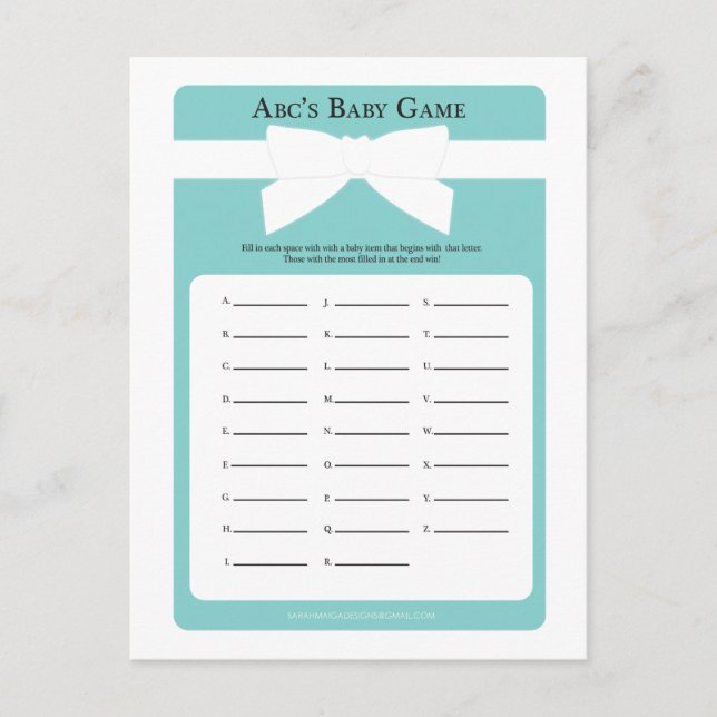 Elegant Blue Bow ABC's Baby Shower Game Invitation Postcard (Front)