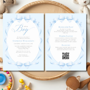 Elegant Blue Bow All-in-One Boy Baby Shower Invitation