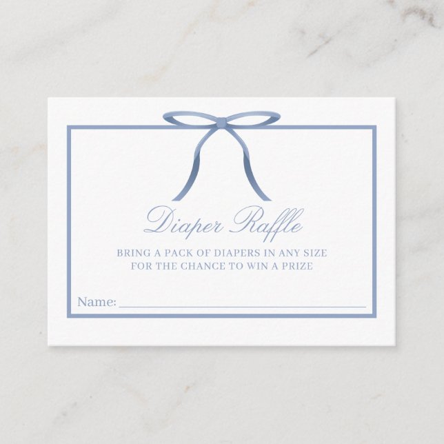 Elegant Blue Bow Baby Shower Diaper Raffle Card (Front)