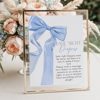Elegant Blue Bow Baby Shower Late Night Diapers Poster