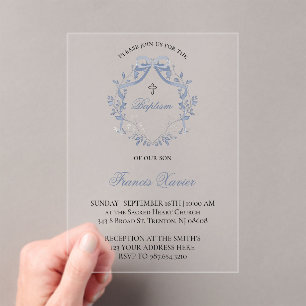 elegant blue bow Baptism Acrylic Invitations