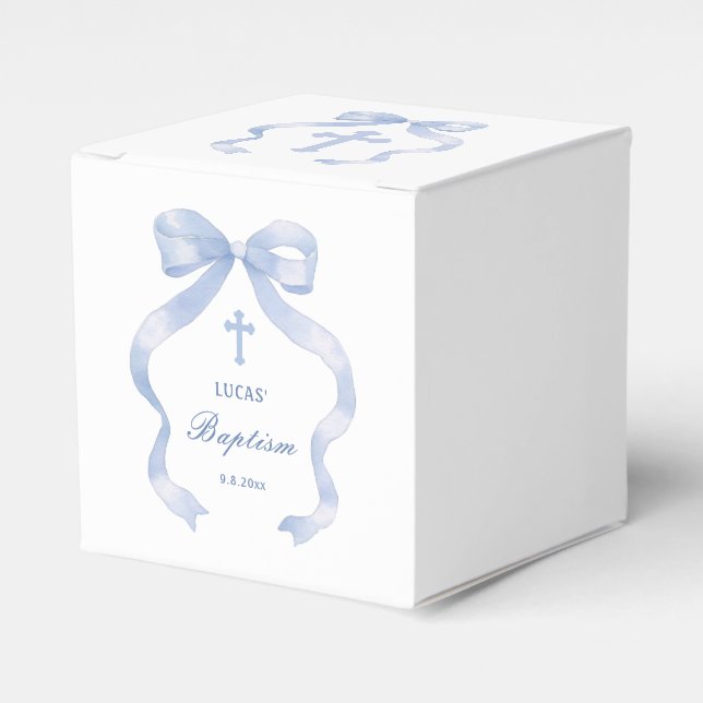 Elegant Blue Bow Baptism Cube Favor Boxes (Front Side)