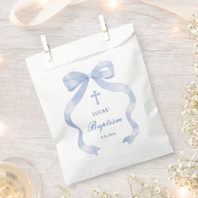 Elegant Blue Bow Baptism Favor Bag (Clipped)