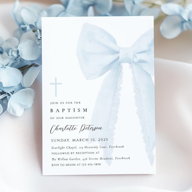 Elegant Blue Bow Baptism Invitation (Creator Uploaded)
