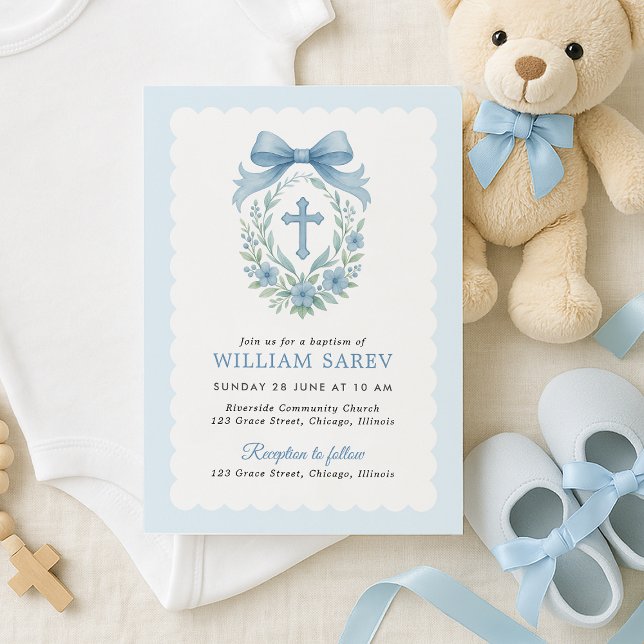 Elegant Blue Bow Baptism Invitation for Boy (Baby boy baptism invitation with floral wreath and blue bow – flat lay with shoes and teddy)