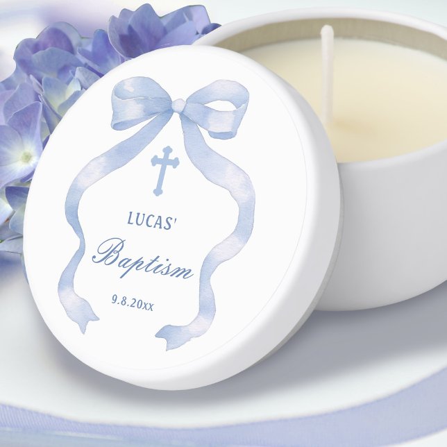 Elegant Blue Bow Baptism Mini Candle Favors (Creator Uploaded)