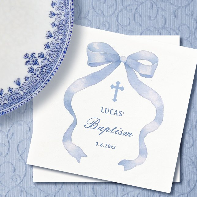 Elegant Blue Bow Baptism Napkins (Creator Uploaded)